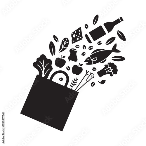 A black silhouette depicting food items spilling from a shopping bag