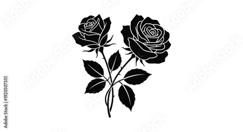 A striking black and white illustration depicts two roses with stems and leaves in a bold silhouette high quality professional detailed