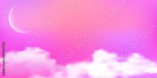 Dreamy pastel background with glitter sparkles, cute pink moon and stars creating magical unicorn-themed backdrop with iridescent gradient bokeh effects and shiny confetti