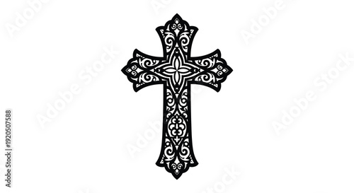An ornate detailed black cross with swirling patterns and floral motifs stands prominently against a white background silhouette