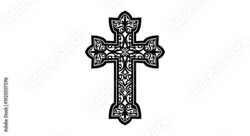 An ornate black celtic cross design with intricate floral patterns and knotwork presented as a silhouette high quality professional
