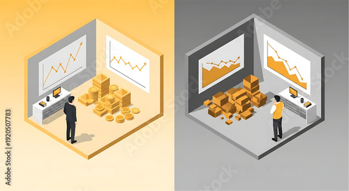 Financial growth and market decline comparison isometric illustration with profit and loss scenarios