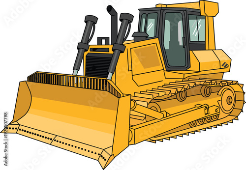Yellow bulldozer vector illustration, detailed construction heavy equipment with blade isolated on white background for industrial, engineering and building design