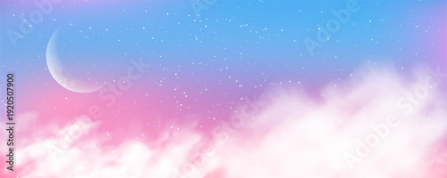 Dreamy pastel pink background with glitter sparkles, cute moon and stars creating magical princess atmosphere with soft gradient and shimmering bokeh effects in pink hues