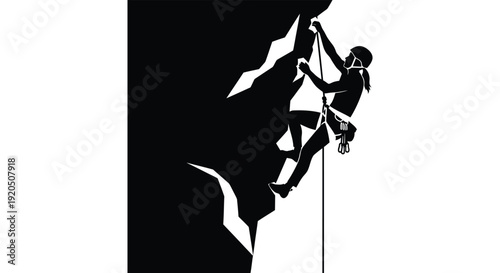A dynamic depiction of a rock climber scaling a steep cliff face presented as a striking silhouette high quality
