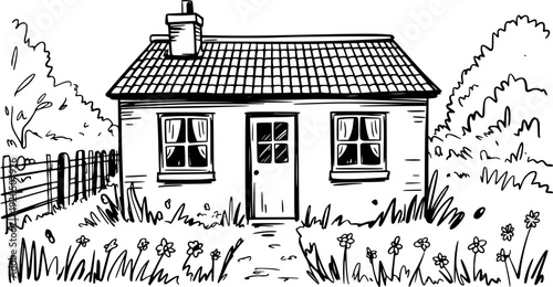 Hand drawn of a small cottage with a tiled roof surrounded by grass and flowers house