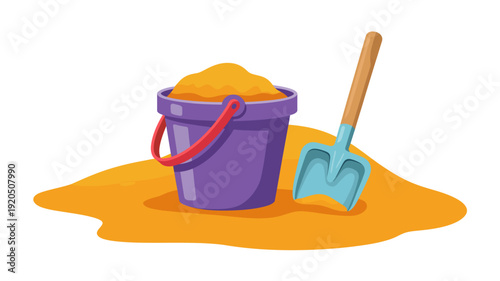 Purple sand bucket filled with sand and blue shovel orange sand pile beach