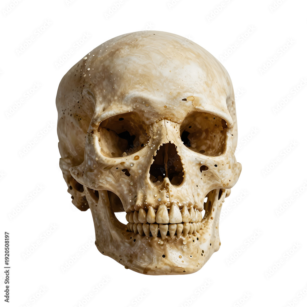 Obraz premium Detailed human skull with speckled surface on a stark white background