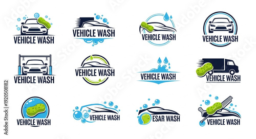 Collection of car wash logos and icons for service business.