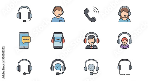 Collection of customer service and support icons featuring headsets, phones, and operators for communication.