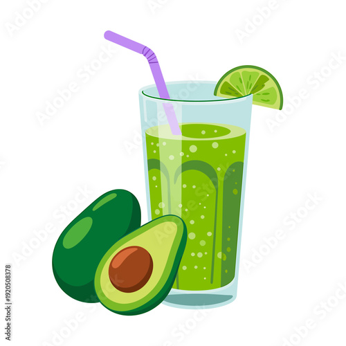 Cartoon green smoothie with avocado and lime isolated on white background