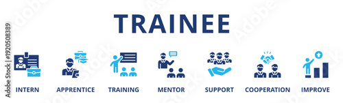 Trainee banner web icon vector illustration concept for internship training and learning program apprenticeship with an icon of intern, apprentice, training, mentor, support, cooperation and improve