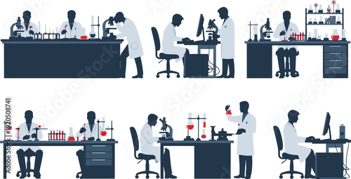Scientific laboratory researchers working set, cad drawing flat vector illustration of scientists conducting experiments with microscopes and glassware