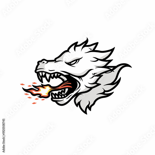 Fiery dragon head illustration white outline with flame on isolated background