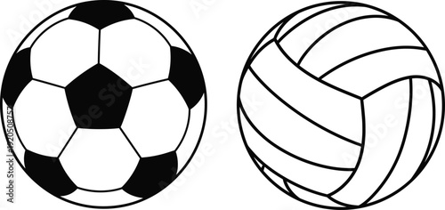 Soccer and volleyball ball icons set, cad drawing flat vector illustration of sports equipment isolated on white background