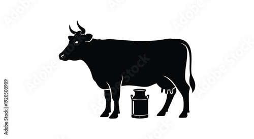 A striking black silhouette depicts a cow standing next to a milk pail showcasing rural life silhouette high quality professional detailed