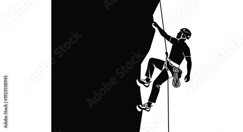 A dynamic illustration depicts a rock climber scaling a sheer cliff face rendered as a striking silhouette high quality