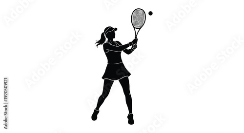A dynamic illustration depicts a female tennis player in mid swing preparing to hit a ball silhouette high quality professional