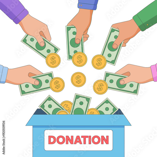 Hands putting money into a donation box with coins and bills  charity concept