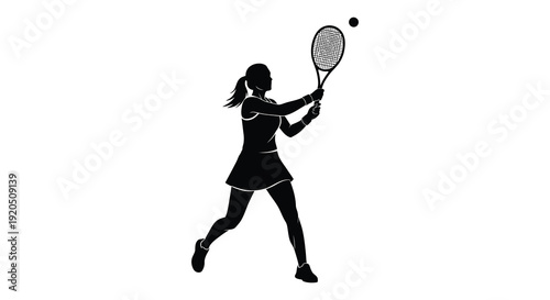 A dynamic black silhouette depicts a female tennis player preparing to strike a ball during a match silhouette