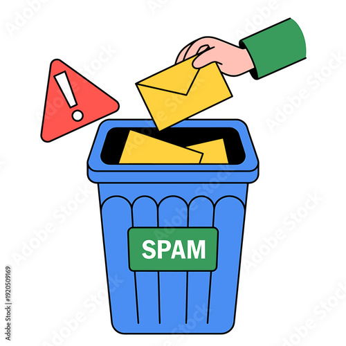 Cartoon illustration of hand throwing away spam emails in trash can  unwanted messages concept