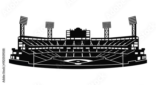 A striking black and white illustration showcases a baseball stadium s architectural detail in silhouette high quality professional detailed modern