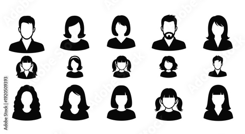 Collection of diverse black silhouette head icons representing people and profiles