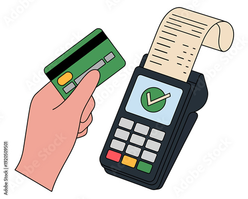 Hand holding green credit card near payment terminal with receipt