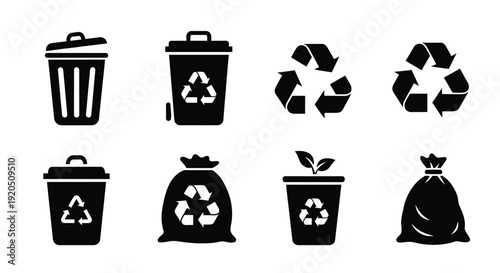 Black recycling and trash can icons with circular arrows and waste bags