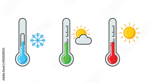 Thermometers illustrating temperature changes from cold to warm with weather icons