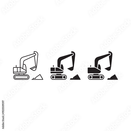 Black and white illustrations of an excavator in various stages of operation