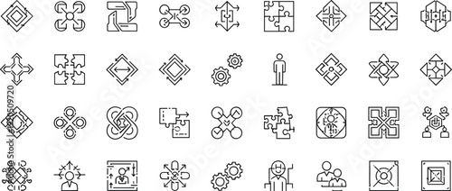 Black and white vector outline icon set representing abstract business networking, technology integration, puzzle problem solving, mechanical gears, system synergy, and core connection concepts.