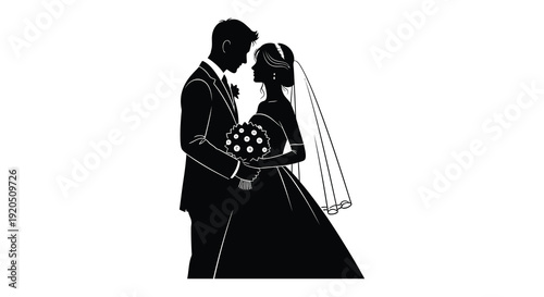 A newlywed couple embraces closely the groom in a suit and the bride in a wedding dress a striking silhouette