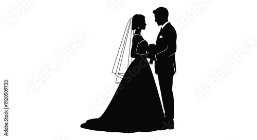 A newly married couple stands closely together the bride in a veil and gown captured as a silhouette