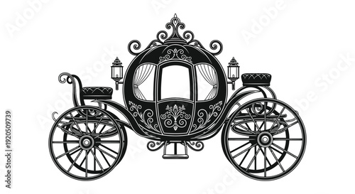An ornate vintage horse drawn carriage is depicted in a detailed black and white illustration silhouette high quality professional modern