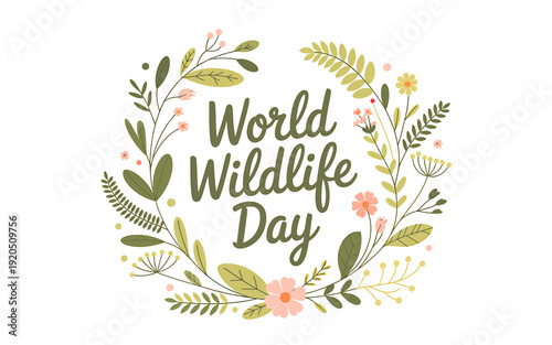 World Wildlife Day illustration with floral wreath and green text