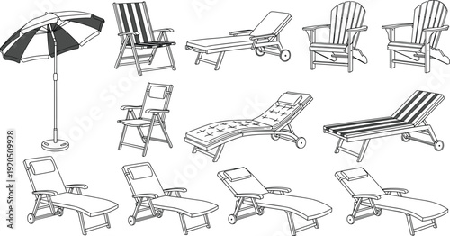 Beach Chair and Sun Lounger Set with Umbrella Outdoor Furniture Line Art Collection