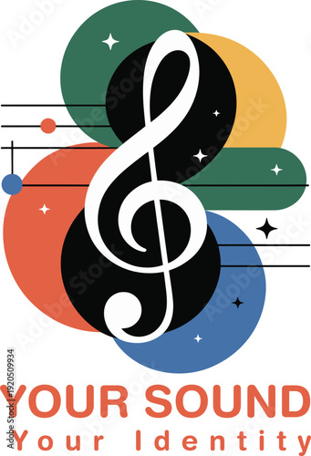 Vibrant music logo with treble clef symbol and colorful abstract shapes representing sound and identity