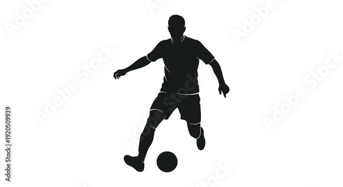 A dynamic black silhouette depicts a soccer player in action dribbling a ball with focused energy silhouette