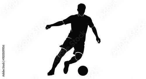 A dynamic black silhouette of a soccer player mid stride kicking a ball with focused energy silhouette high quality professional