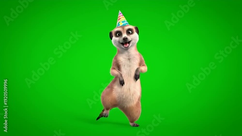 Cute 3D animated meerkat dancing in a colorful party hat