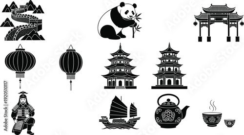Chinese culture symbols collection panda pagoda lantern Great Wall traditional icons vector illustration isolated set