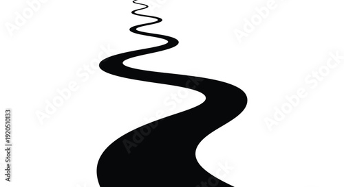 A minimalist black winding shape resembling a river or abstract form against a stark white background silhouette