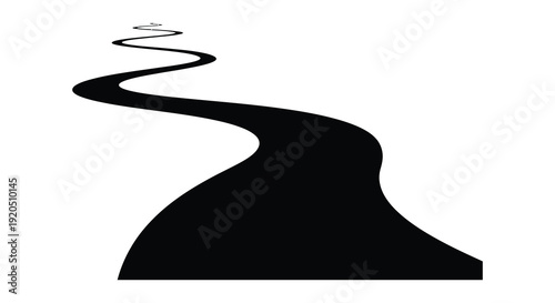 A stark flowing black shape against a white background evokes a winding path or ribbon a silhouette