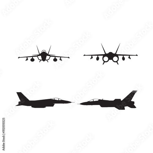 Silhouettes of a fighter jet depicted in multiple views