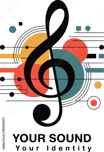 Vibrant music logo with treble clef and colorful musical notes representing sound identity