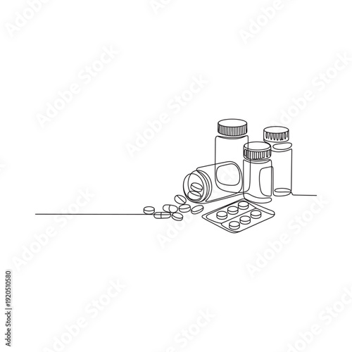 A minimalist line drawing depicts pharmaceutical bottles pills and blister packs