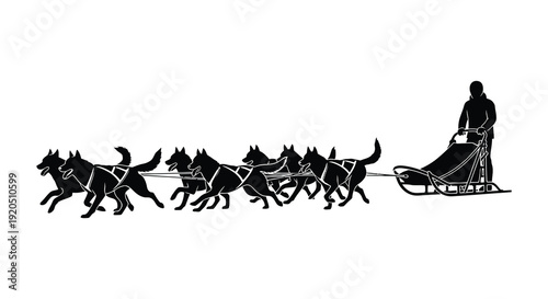 A striking black silhouette depicts a dogsled team racing across a snowy landscape showcasing winter travel silhouette high quality
