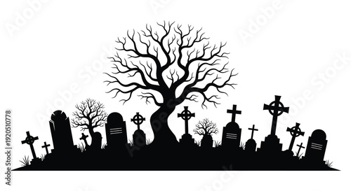 A stark black silhouette depicts a graveyard scene with gnarled trees and numerous tombstones creating a haunting atmosphere silhouette