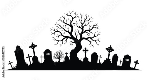 A spooky graveyard scene with bare trees and ornate tombstones is depicted in stark black silhouette high quality professional